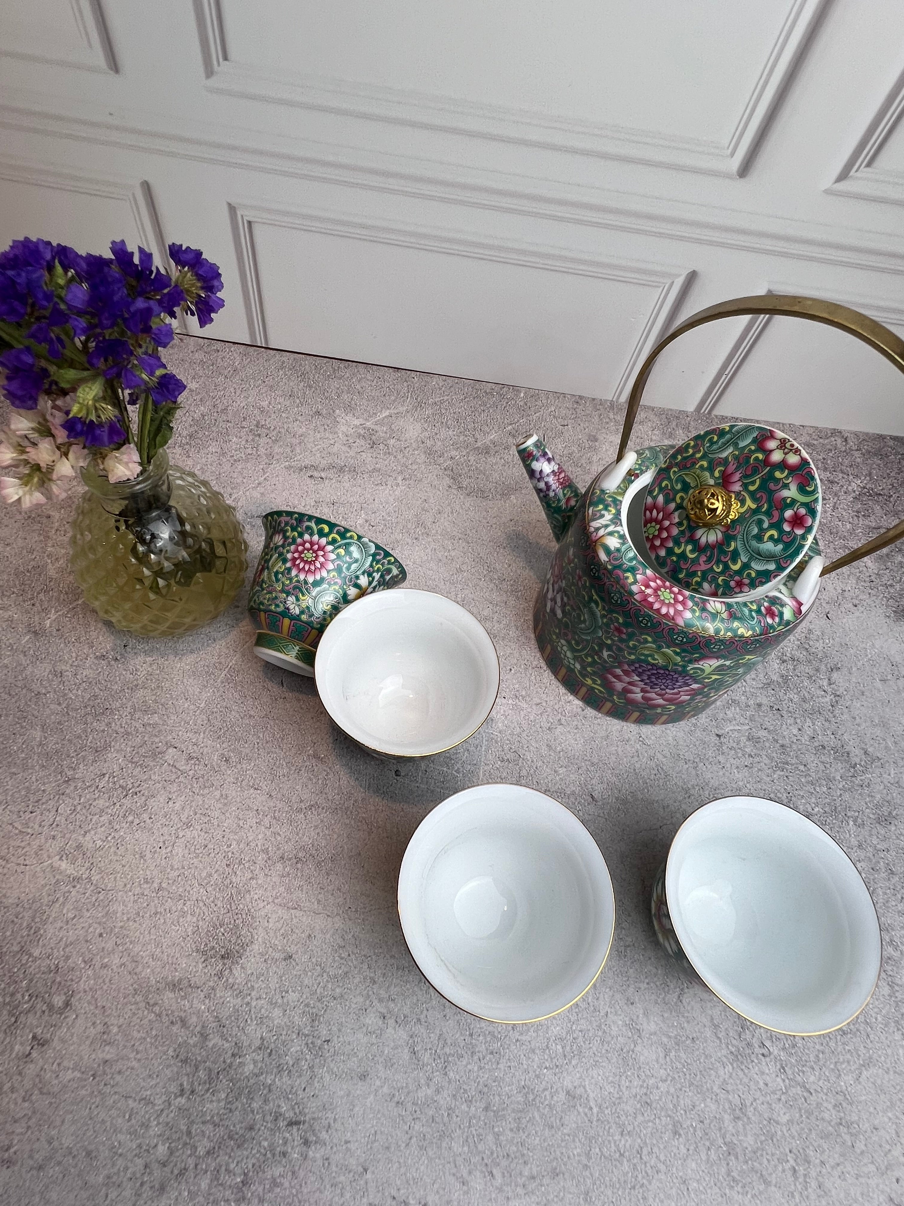 Tetera de Cerámica Estilo Chino con 4 Tacitas | Detalles Decorativos • Infusor Integrado