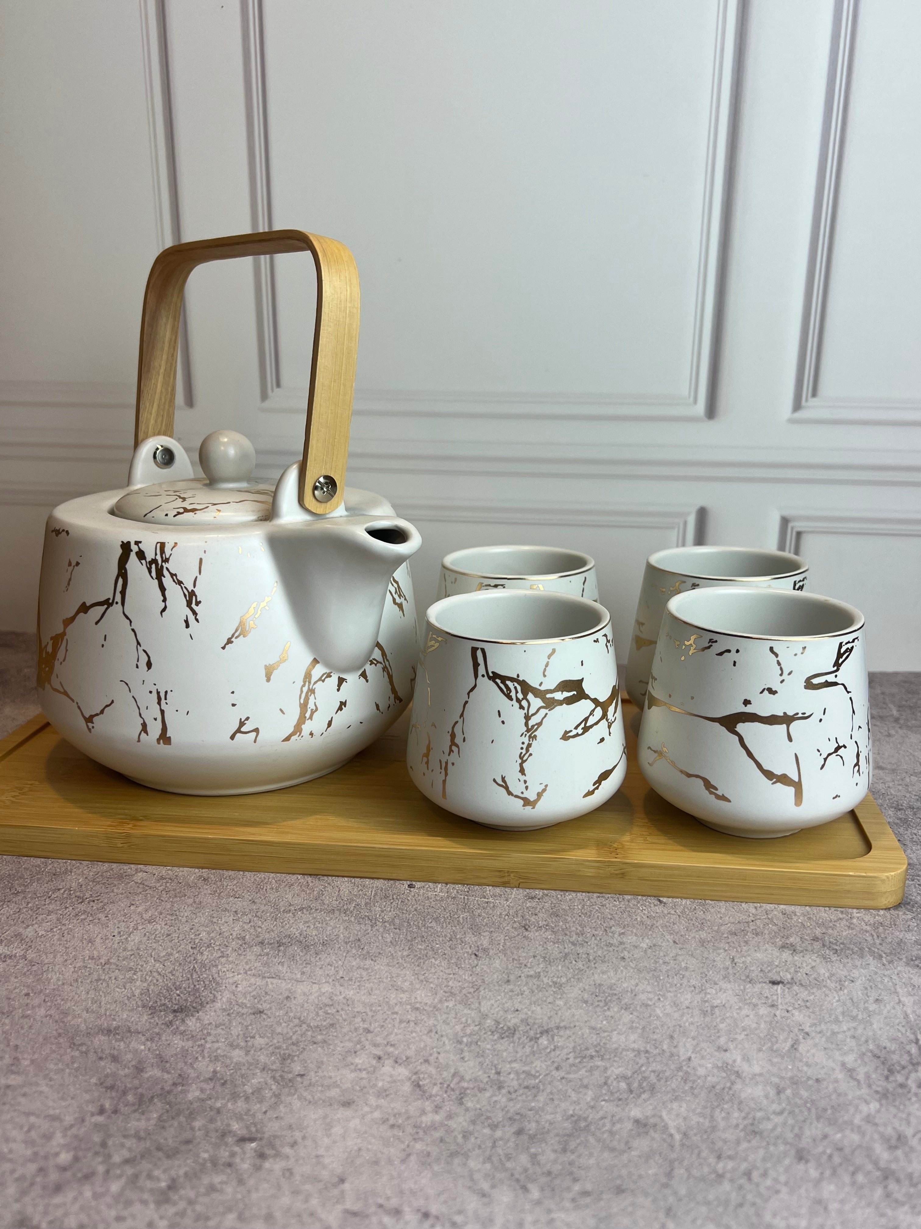 Tetera de Cerámica Kintsugi –4 Tazas | Tapa de Nogal