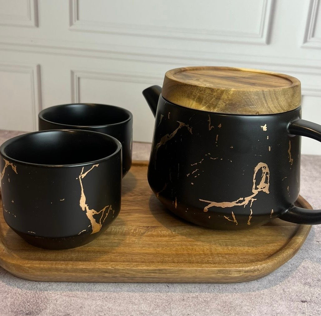 Tetera de Cerámica Kintsugi – 2 Tazas | Tapa de Nogal