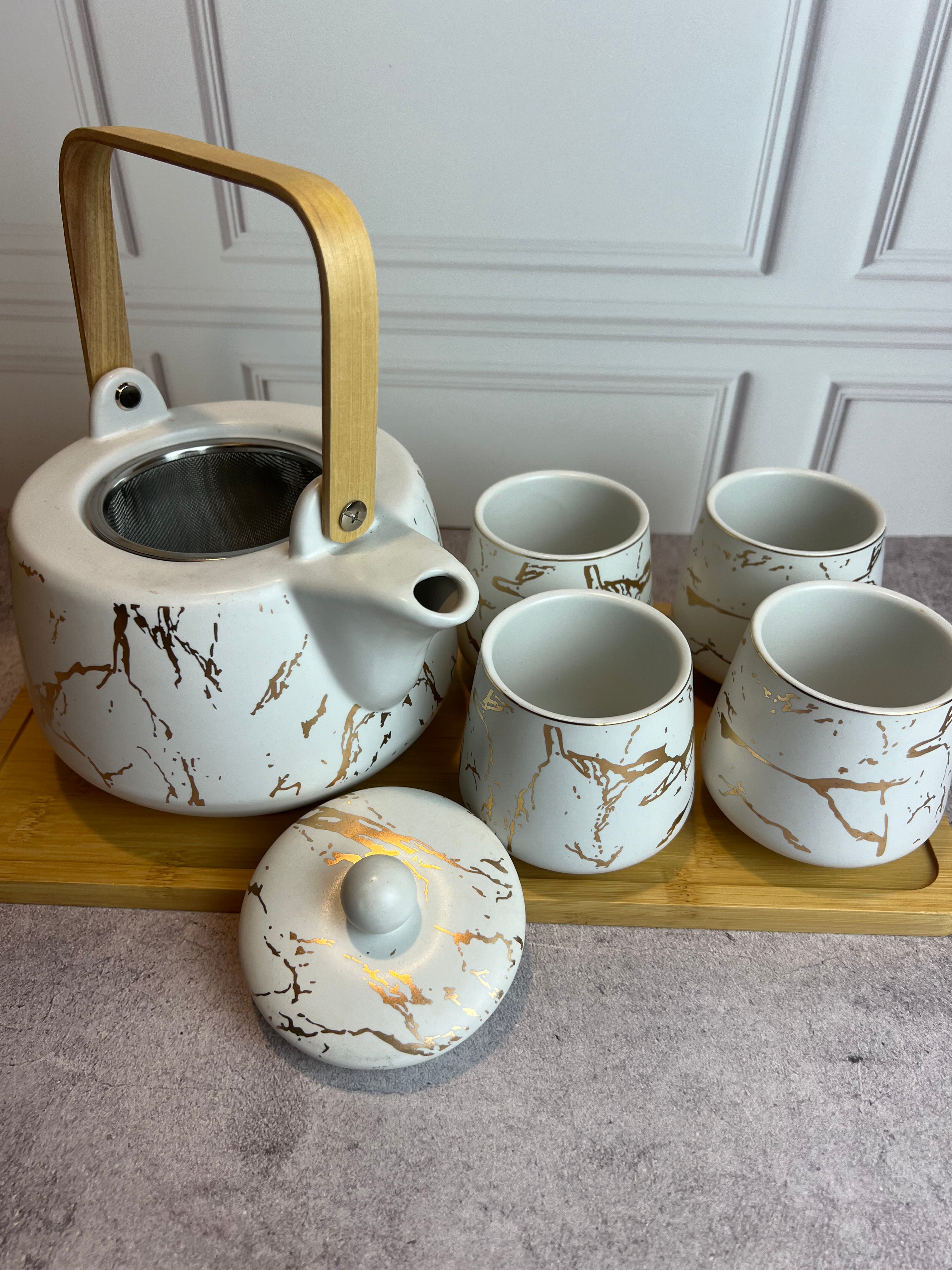 Tetera de Cerámica Kintsugi –4 Tazas | Tapa de Nogal