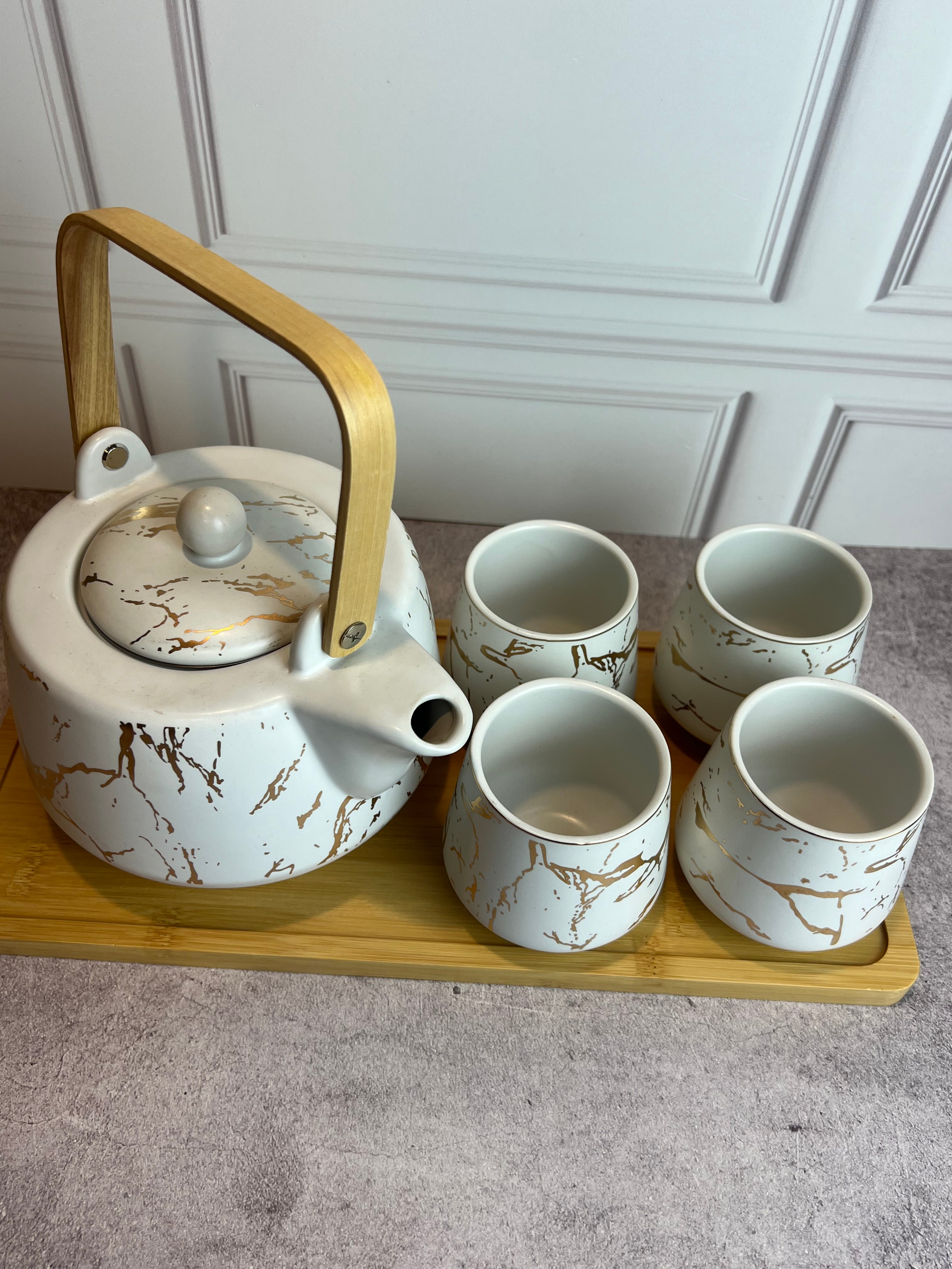 Tetera de Cerámica Kintsugi –4 Tazas | Tapa de Nogal