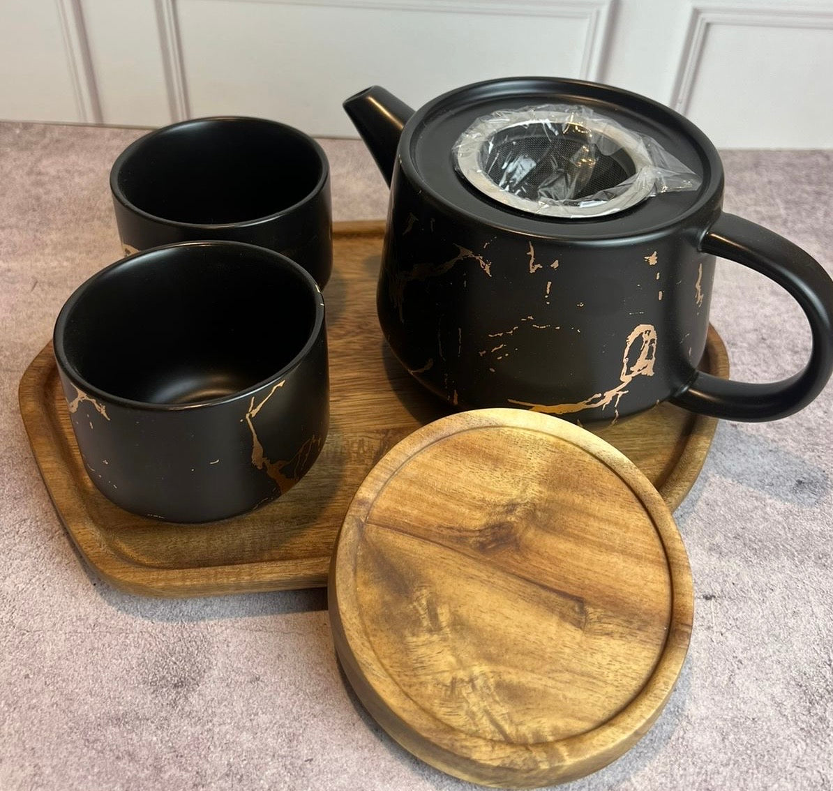 Tetera de Cerámica Kintsugi – 2 Tazas | Tapa de Nogal