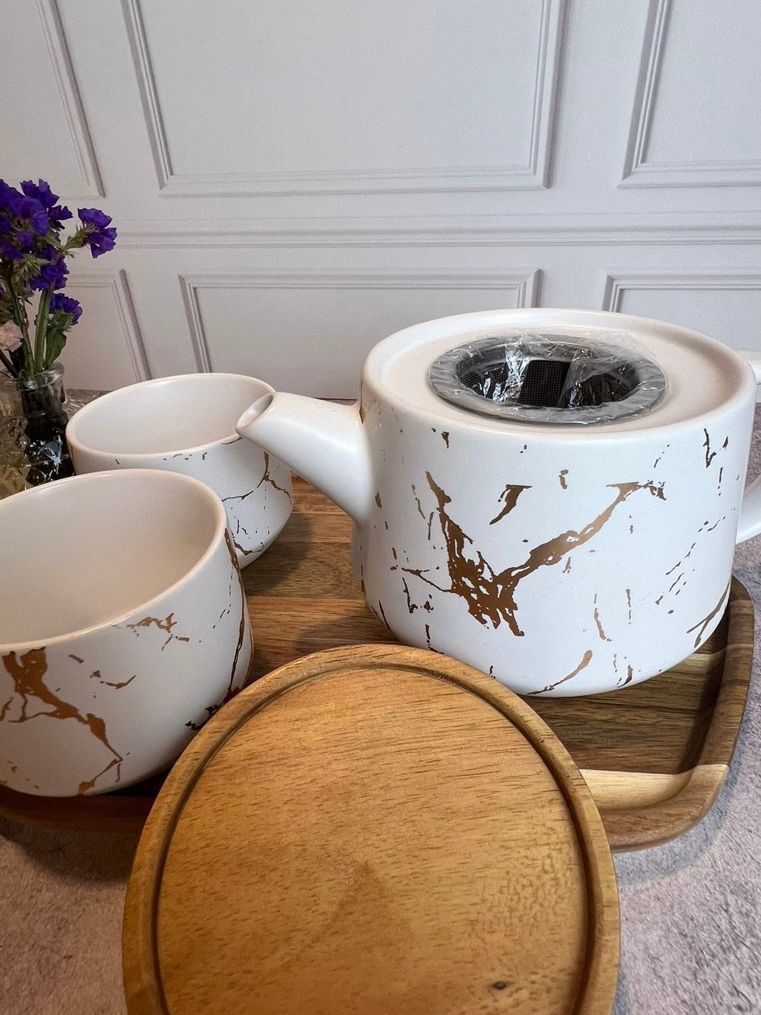 Tetera de Cerámica Kintsugi – 2 Tazas | Tapa de Nogal