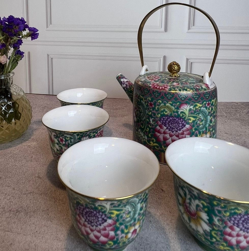 Tetera de Cerámica Estilo Chino con 4 Tacitas | Detalles Decorativos • Infusor Integrado