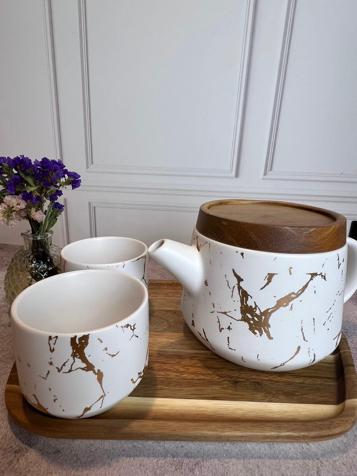 Tetera de Cerámica Kintsugi – 2 Tazas | Tapa de Nogal